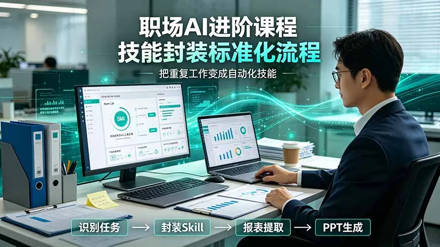 职场AI进阶课程；多类实用Skill工具实操，专属技能封装标准化流程，报表行业报告一键提取核心内容 - 网创在线