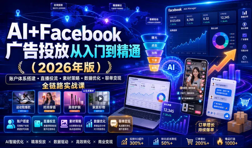 AI+Facebook广告投放从入门到精通(2026年版)|账户体系搭建・直播投流・素材策略・数据优化・聊单变现全链路实战课 - 网创在线